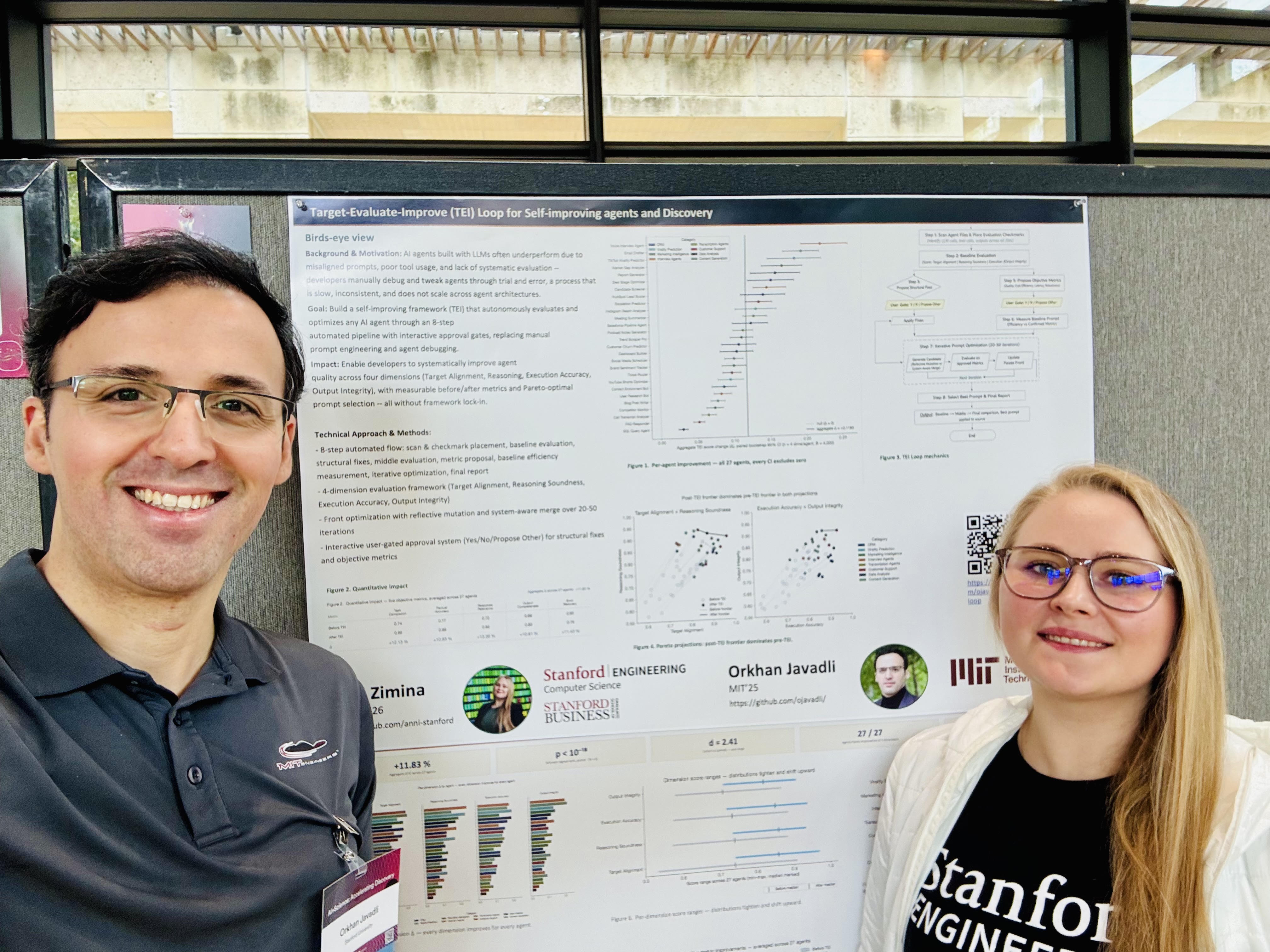 Orkhan Javadli in front of the TEI Loop poster at AI + Science: Accelerating Discovery, Stanford HAI